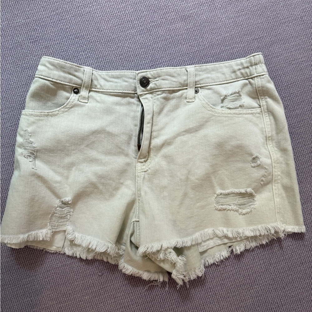Aerie Cream Stretchy Jean Shorts Distressed Frayed Hem